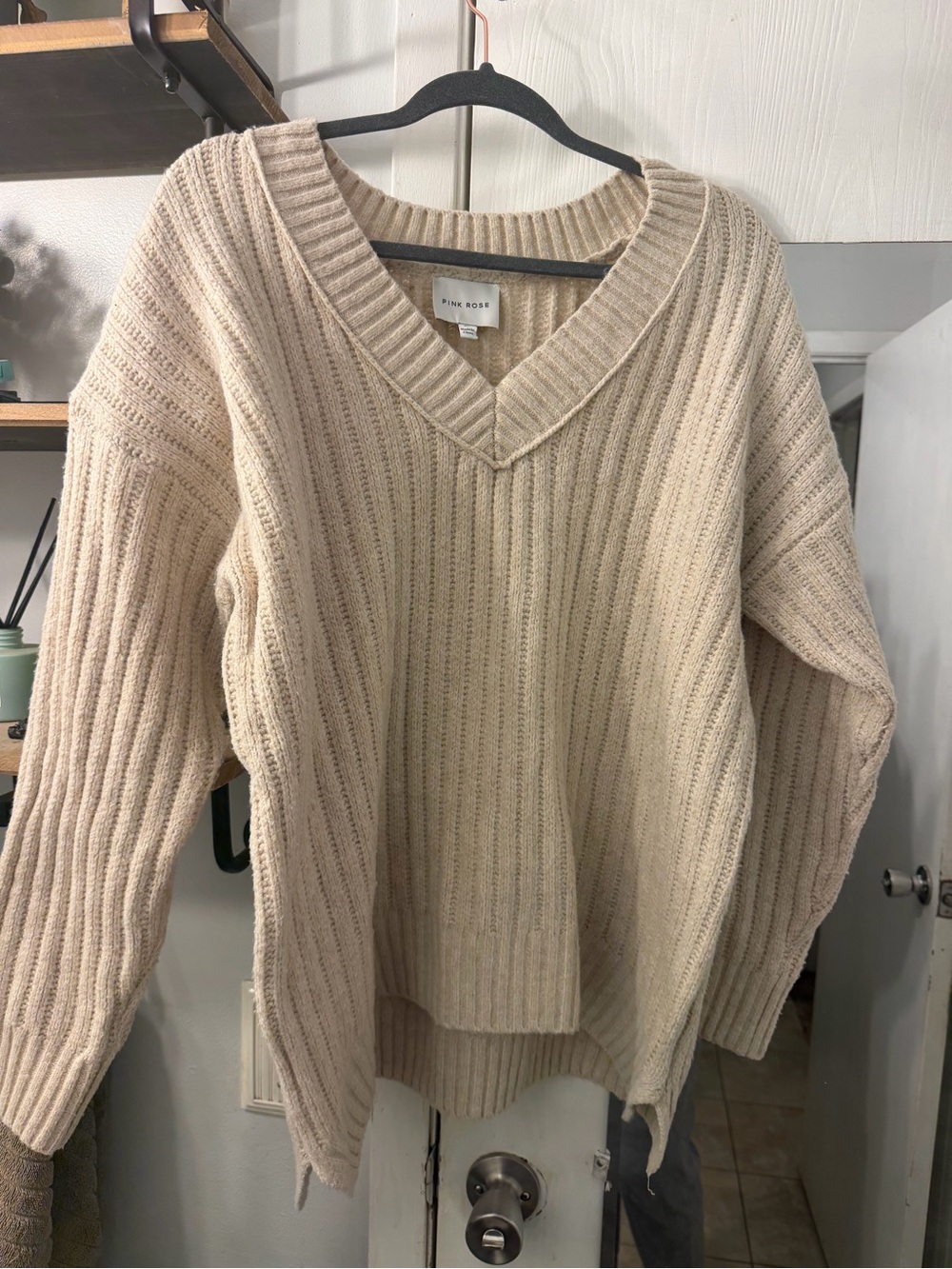 Pink Rose Neutral Cream Ribbed V-Neck Sweater